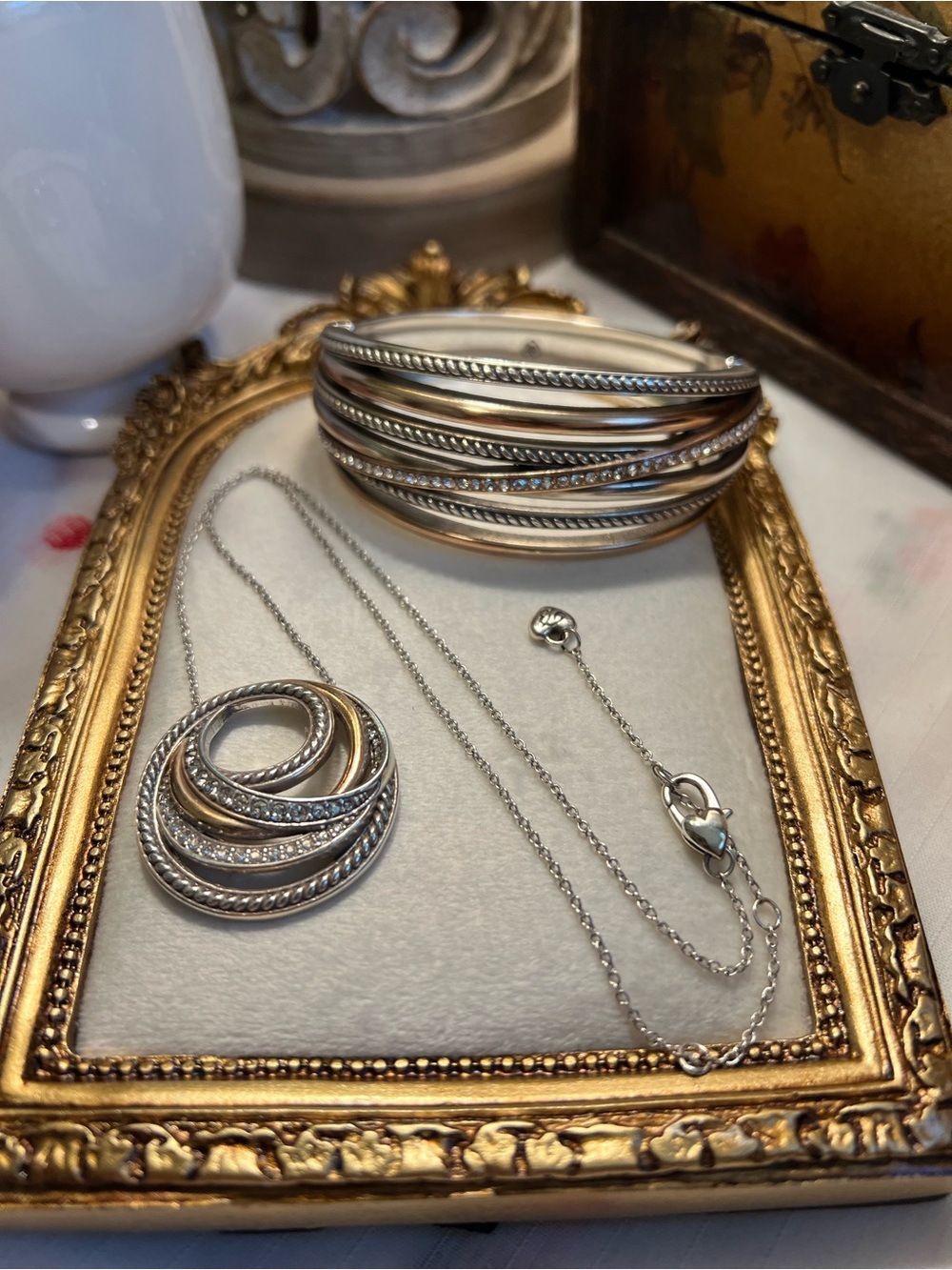 Two-Tone Silver and Gold Pendant Necklace with Matching Bangle - Women Jewelry